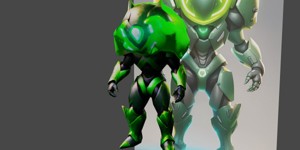 a robot with glowing eyes and a glowing helmet off