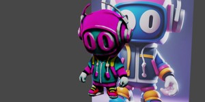  cartoon character of a robot with headphones and 