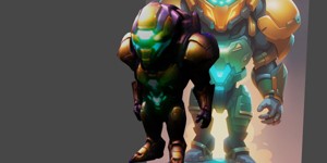 a robot with a glowing head and armor samus aran o