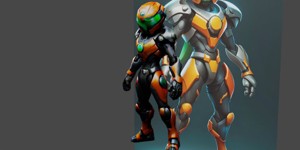 a robot with a helmet on and a green and orange he