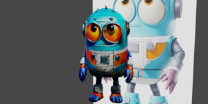  there is a blue robot with orange eyes and a whit