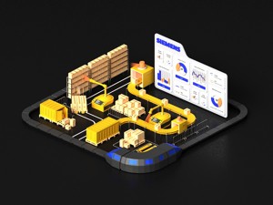 Lowpoly logistics hub warehouse with conveyors and dashboard